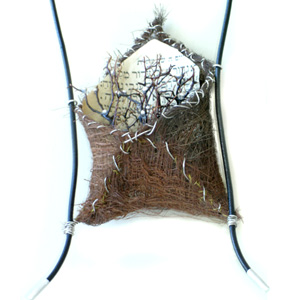 Sonia Szatkowska 'Message from the Road' 2004. Pendant; silver, palm fibre, wood, paper, leather