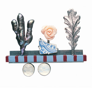 Jack Cunningham 'In the Garden' 2003. Brooch; silver, wood, paint, coral, moonstone, pearl