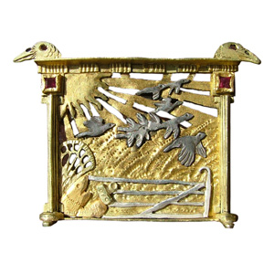 Paul Preston 'Photographing Crows with New Digital Camera' 2004. Brooch; monel metal, silver, gold, rubies