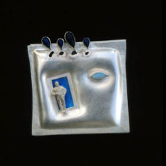 5.42 'Blue Sky Scenario' 1991. Brooch; white metal, lapis lazuli, opal, enamel