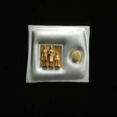 5.44 'Happy Family' 1992. Brooch; white metal, gold plating, freshwater pearl, mother of pearl, tourmaline