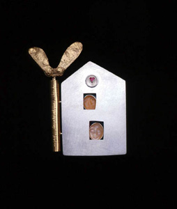 5.58 'Love Nest' 1997. Brooch; white metal, ruby, moonstone, gold plate