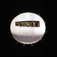 5.88 'Love Seeds - Spring' 1997. Brooch; white metal, tourmaline, malachite, agate