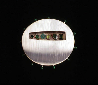 5.88 'Love Seeds - Spring' 1997. Brooch; white metal, tourmaline, malachite, agate