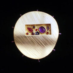 5.89 'Love Seeds - Summer' 1997. Brooch; white metal, coral, amethyst, sodalite, gold leaf, tourmaline