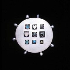 5.94 'Me to my lover, my lover to me' 2000. Brooch; white metal, cultured pearl, tourmaline, turquoise, hematite, mother of pearl, 18ct y gold