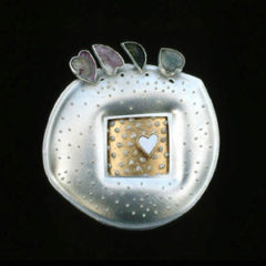 5.96 'Love Seeds' 2000. Brooch; white metal, gold plating, freshwater pearl, mother of pearl, tourmaline