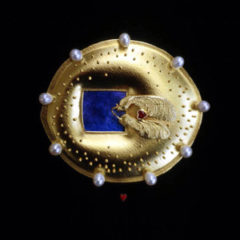 5.97 'Love Seeds' 2000. Brooch; white metal (gold plated), enamel, ruby, cultured pearl