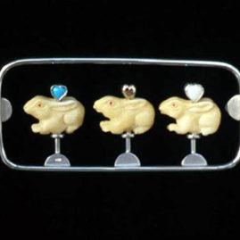 6.15 'Ménagerie et Trois' 2003. Brooch; white metal, bone, turquoise, 18ct y gold, moonstone