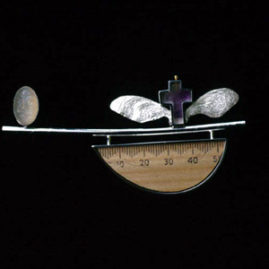 6.21 'Crossing l' 2000. Brooch; white metal, wood, amethyst, moonstone