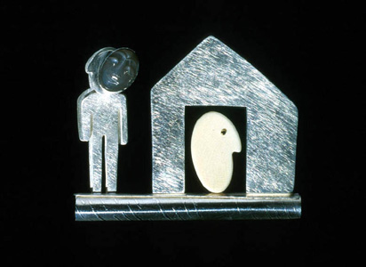 'Mask l' 2000. Brooch; white metal, bone, moonstone