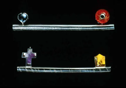 6.51 'Balance' 2000. Brooches; white metal, aquamarine, sponge coral, amethyst, amber