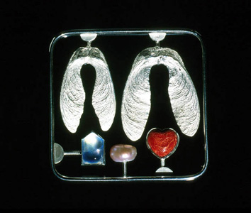 Love Kit Brooch 2000. white metal, cultured pearl, aquamarine, sponge coral