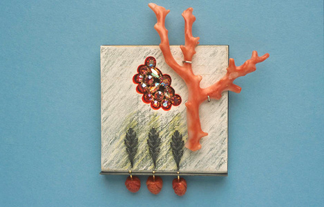 7.3 'Garden of Heavenly Delights' 2003. Brooch; white metal, wood, coloured pencil, branch coral, found object