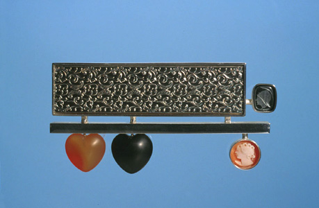 'Together & Alone' 2003. Brooch; white metal, onyx, carnelian, cameo, hematite