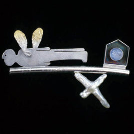 7.34 'Pegusus' 2003. Brooch; white metal, cultured pearl, moonstone, gold plating