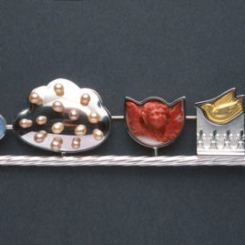 7.37 'Every Cloud' 2003. Brooch; white metal, coral, moonstone, cultured pearl, found object