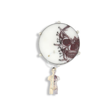 'Fragments & Curiosities' 2011. Brooch; Oxidised silver, Perspex, cultured pearl, 18ct Y gold detail, readymade