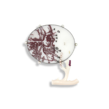 'Fragments & Curiosities' 2011. Brooch; Oxidised silver, Perspex, cultured pearl, 18ct Y gold detail, branch coral, ruby